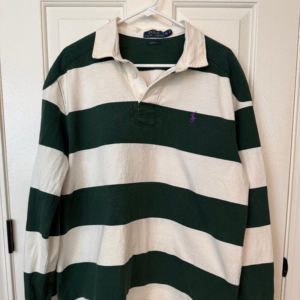 Men's Polo Ralph Lauren green and white stripe rugby shirt